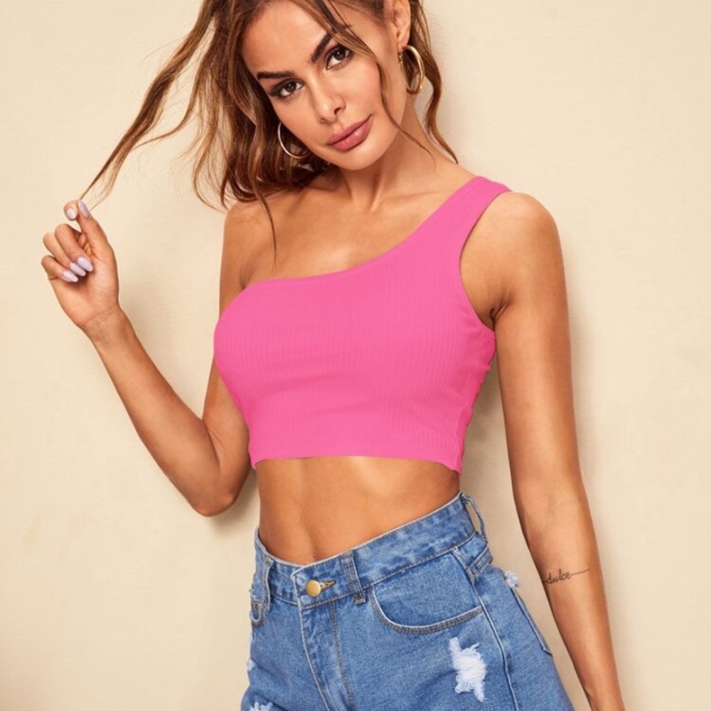 Pink rubber one shoulder crop top